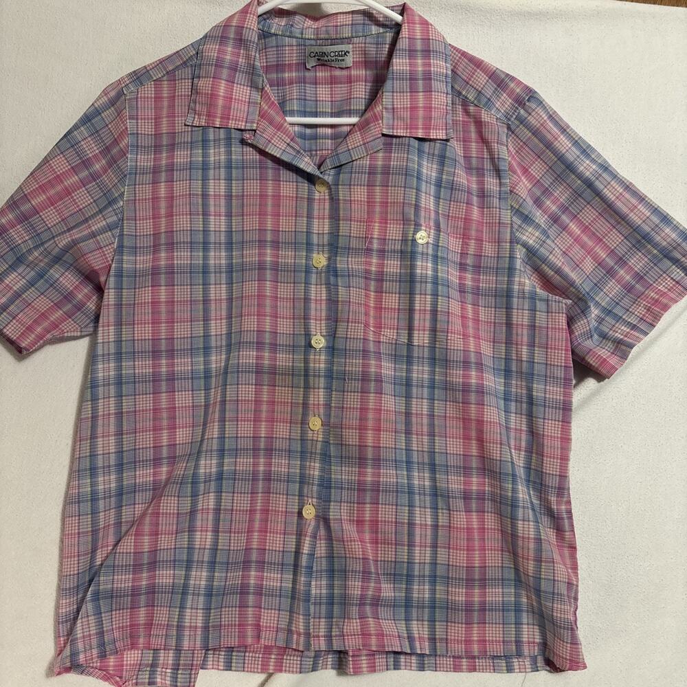 cabin creek button up shirt wrinkle free Blue/Pink Plaid Short-sleeve Med